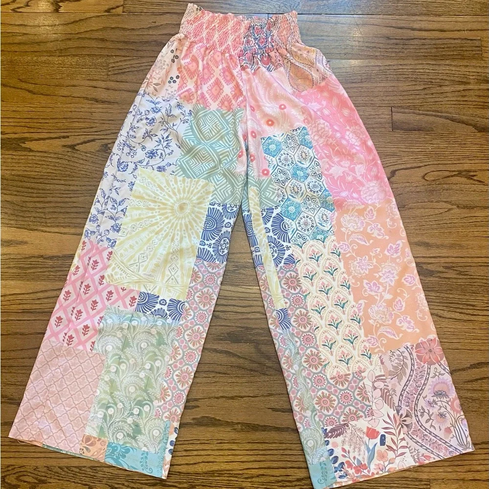 SOLD Barbiecore Smocked Waist floral Patchwork Boho Hippie Pants Cottagecore - Picture 3 of 4